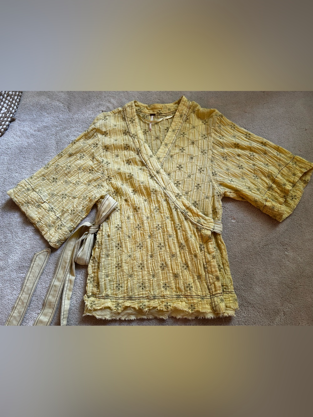 Free People Yellow Embroidered Wrap Blouse with Waist Tie